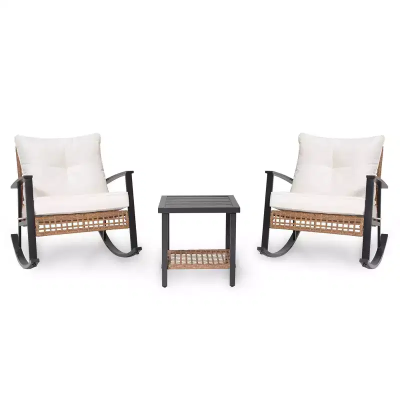 LAUSAINT HOME 3 Pieces Rocking Bistro Set, Oversize Rattan Conversation Set, Thick Cushions for Garden, Balcony, Backyard