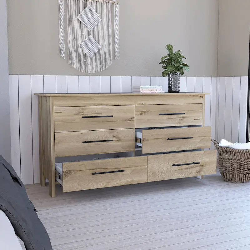 6 Drawer Double Dresser with Roller Guides, Metal Pulls and 4 Legs