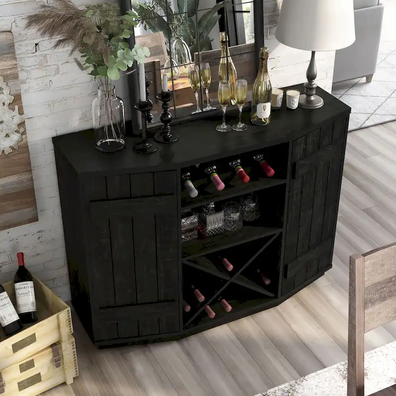 DH BASIC Farmhouse Plank-Style 28-Bottle 47-Inch Wine Cabinet Buffet by Denhour