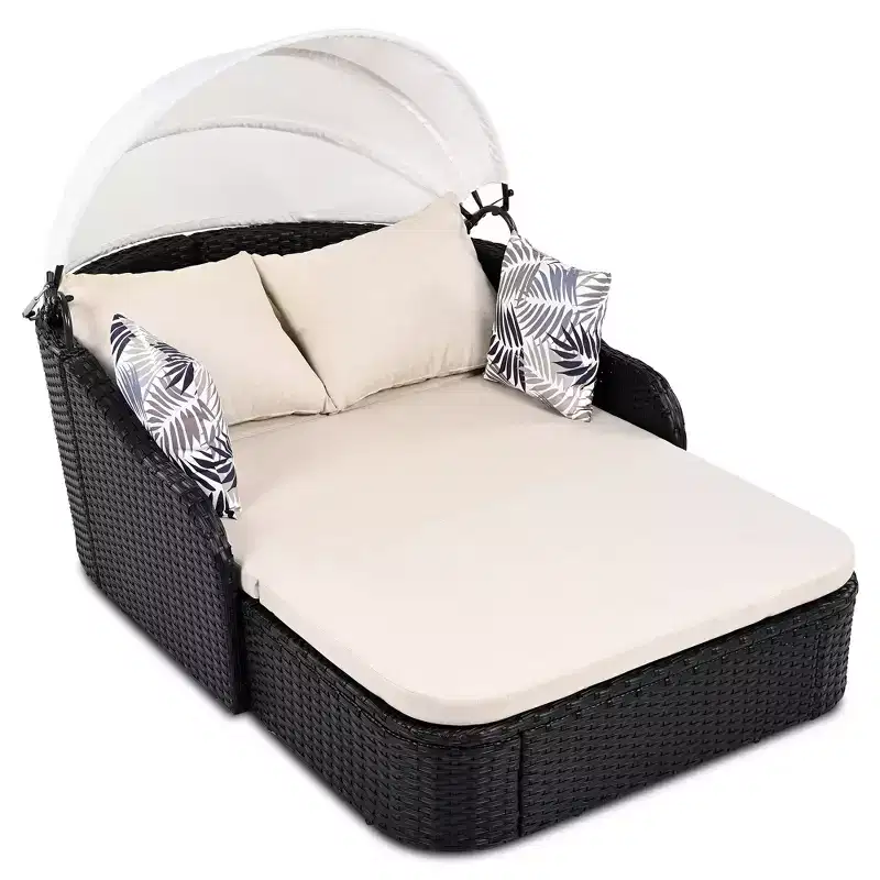 GDFStudio Sidney Patio Modern PE Rattan Double Chaise Lounge Daybed with Adjustable Canopy, Cushions and Pillows