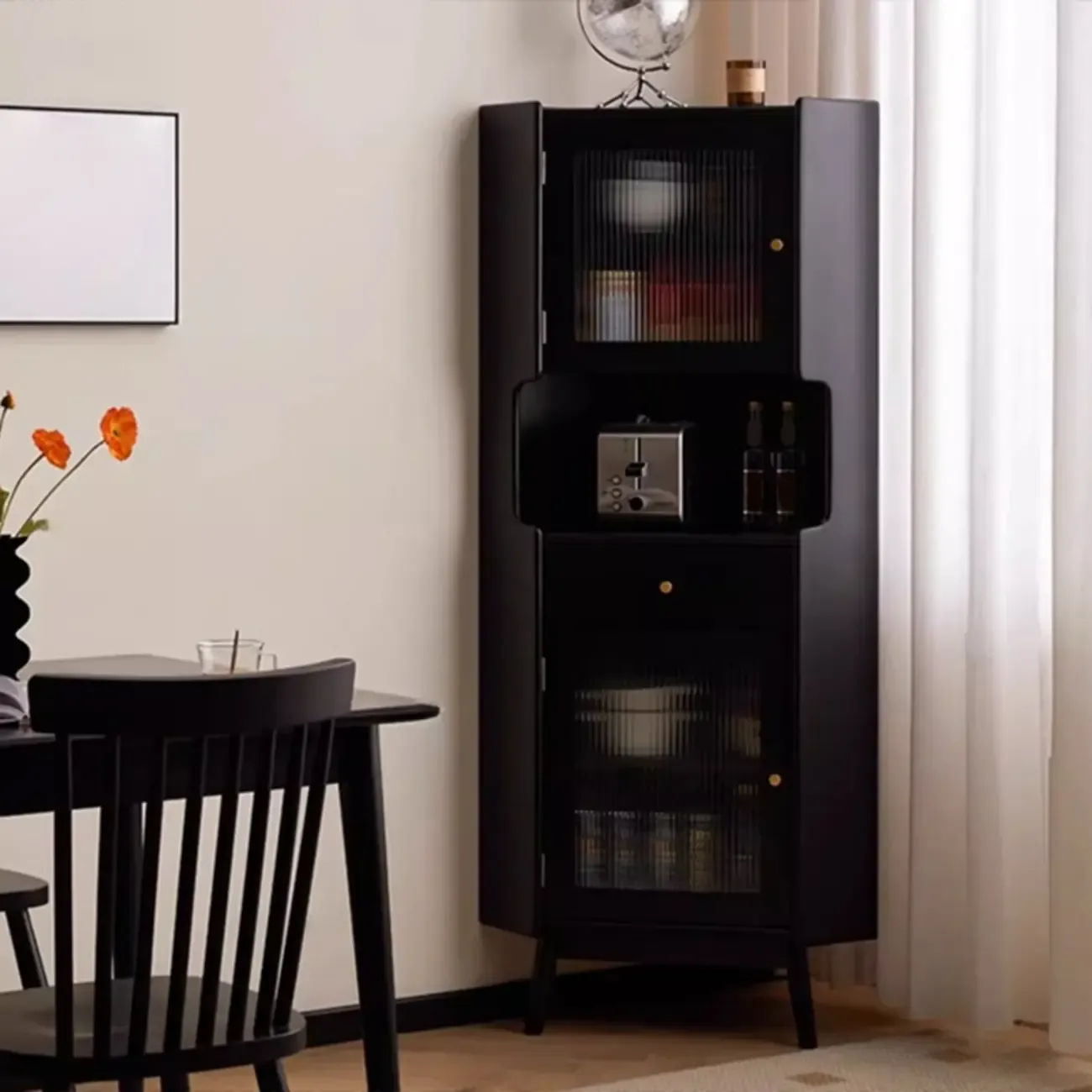 Modern Espresso Wood Glass Paned Corner Storage Cabinet