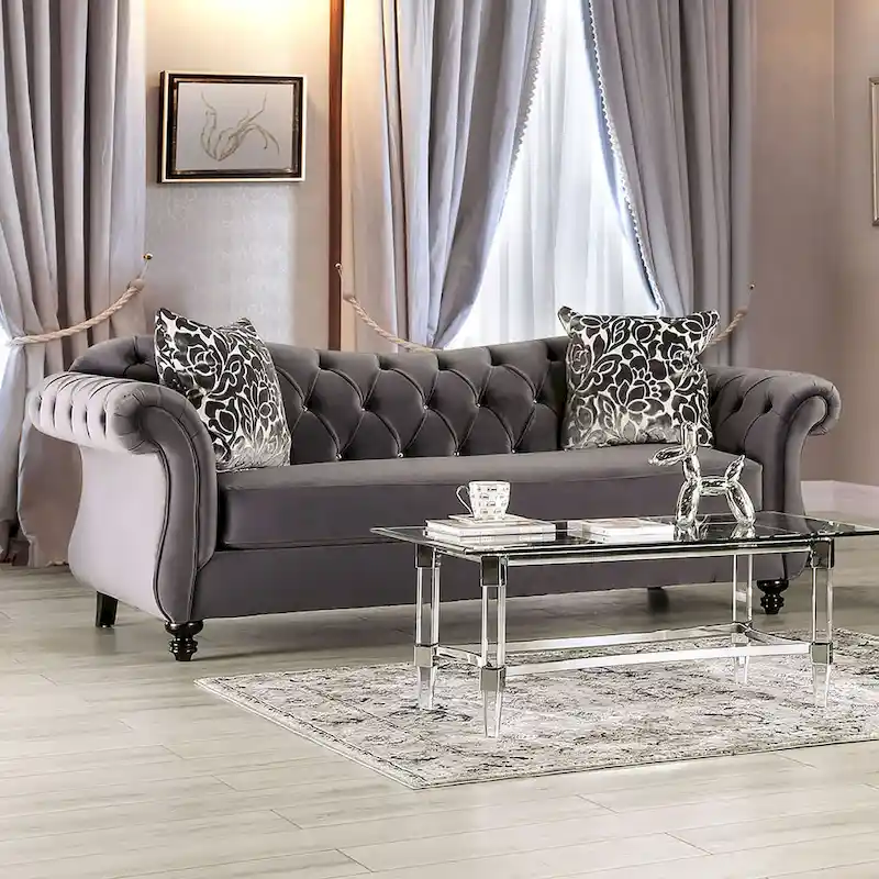 Grey Velvet Button Tufted Sofa