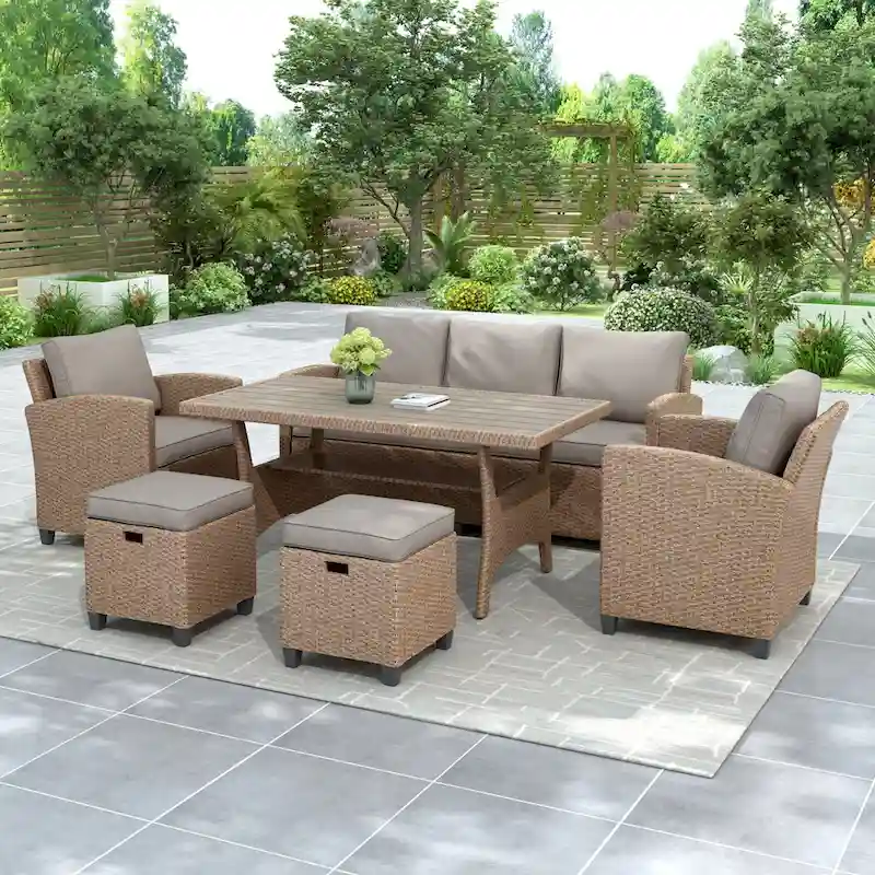 6-Piece Patio Rattan Wicker Set, Garden Backyard Sofa, Chair, Stools & Table