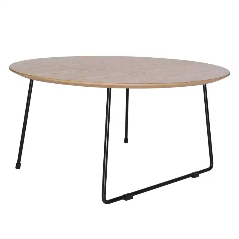 LeisureMod Pembroke Mid-Century Modern Round Coffee Table with Powder-Coated Iron Frame, Natural Wood Top