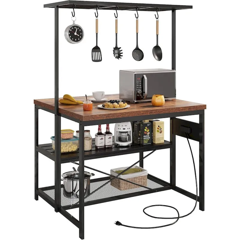 47 3 Tier Kitchen Island Table with Storage Shelf and Hooks - N/A