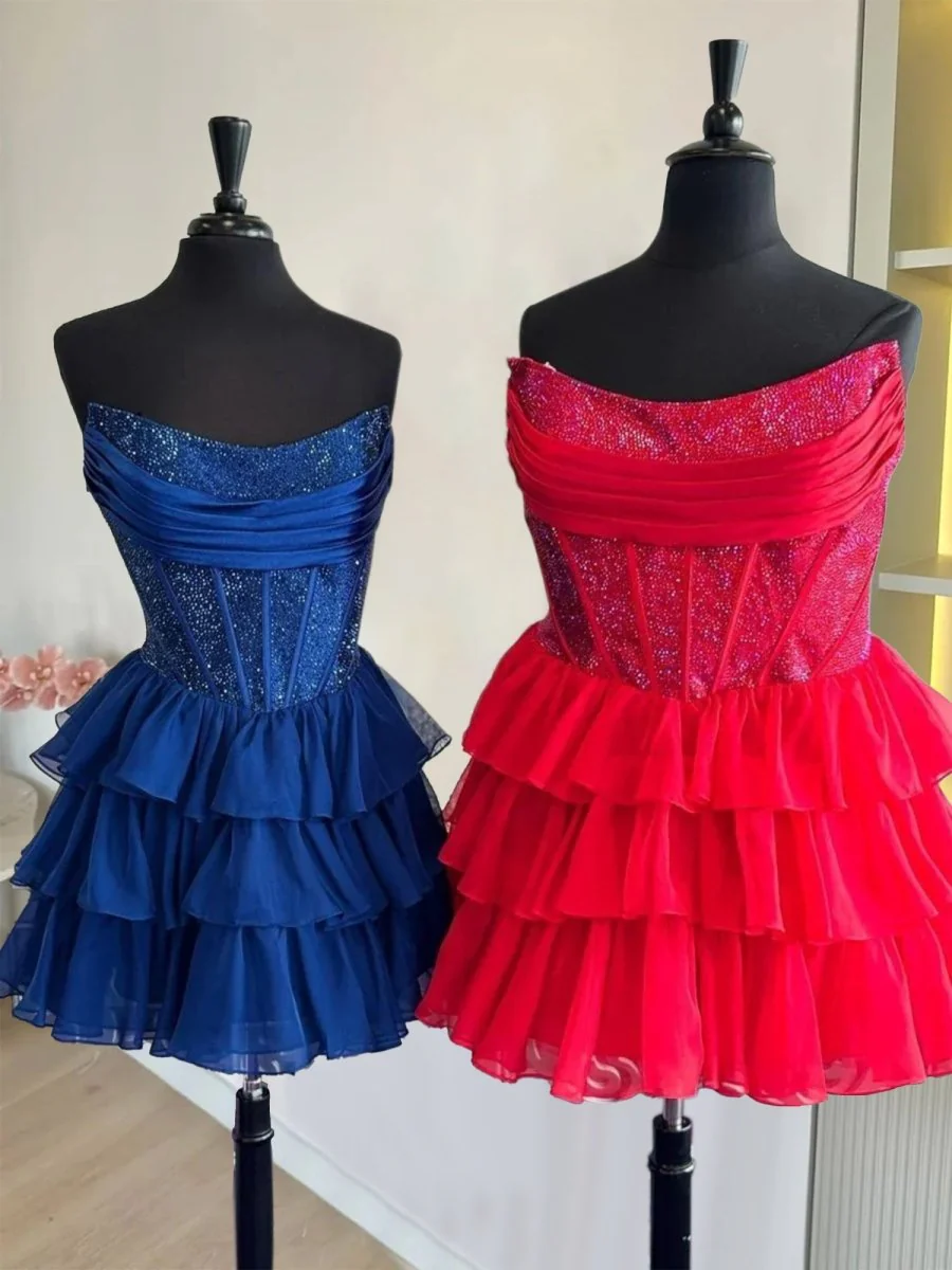 Red - Strapless A Line Chiffon Beaded Homecoming Dress With Ruffles