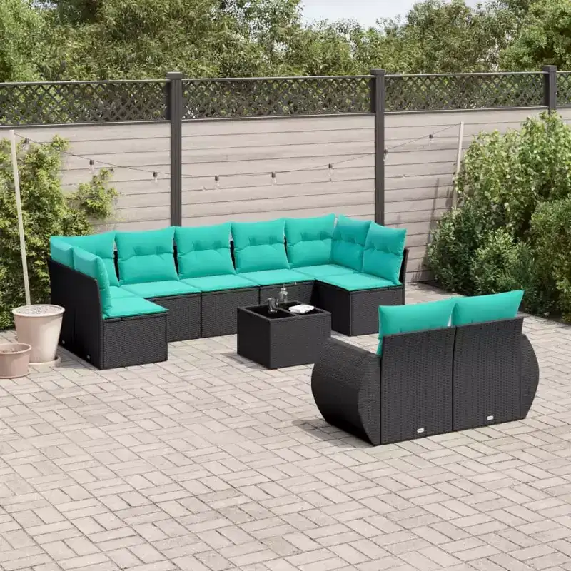 vidaXL 10 Piece Garden Sofa Set with Cushions Black Poly Rattan