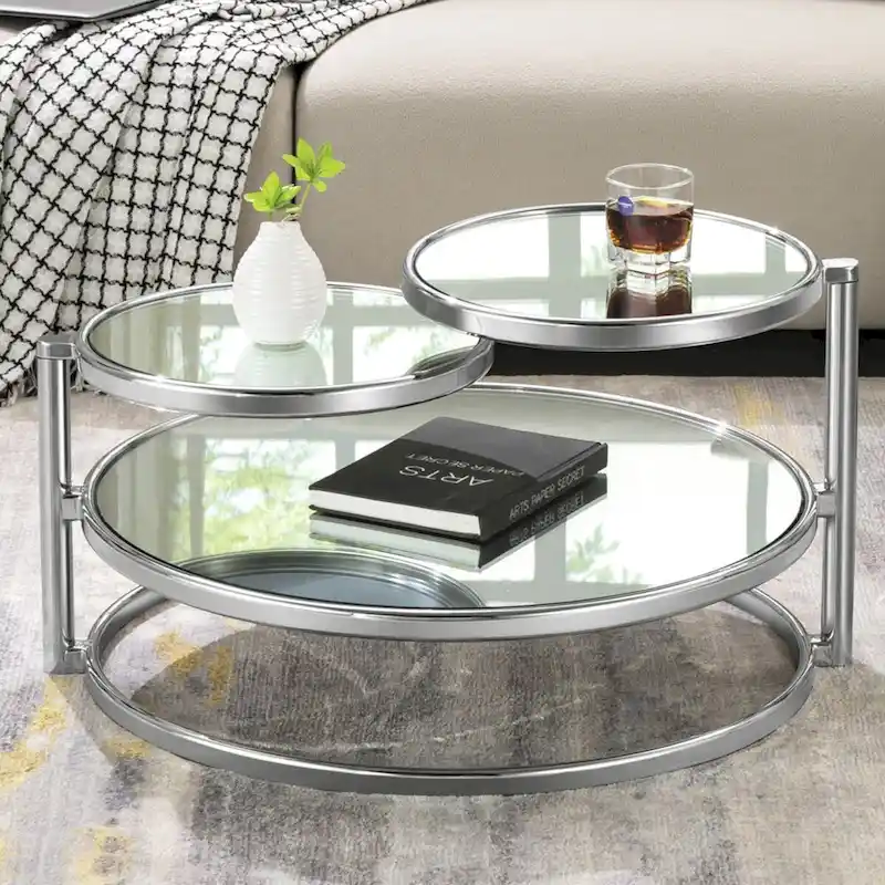 Round Tempered Glass Coffee Table with 3 Tiers 360 Degrees Rotating Top