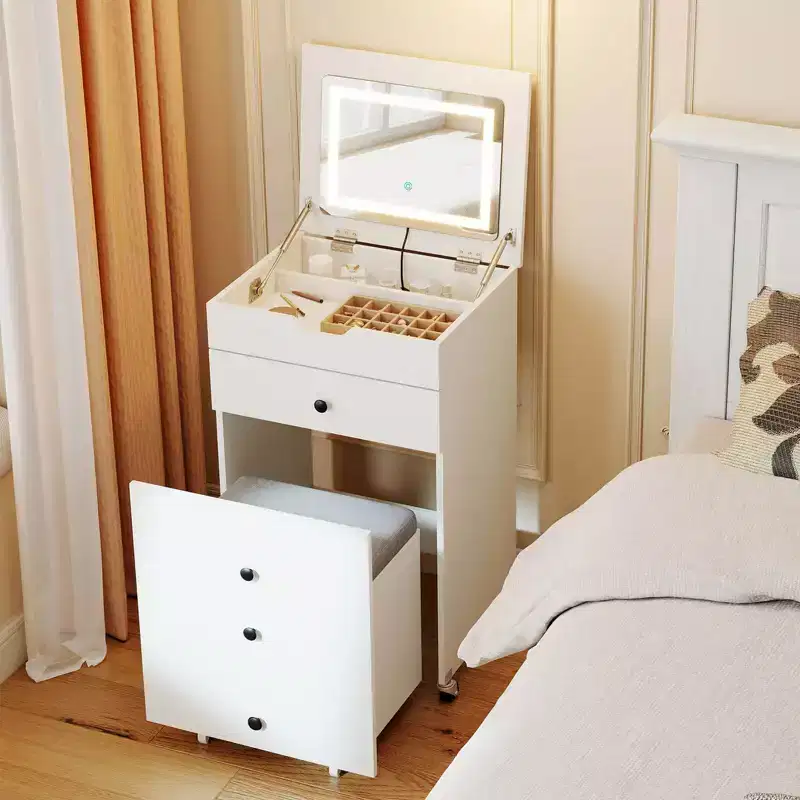 Costway 3-in-1 Small Vanity Desk Set with Flip-top Mirror, Lights, Drawers, Storage Stool White