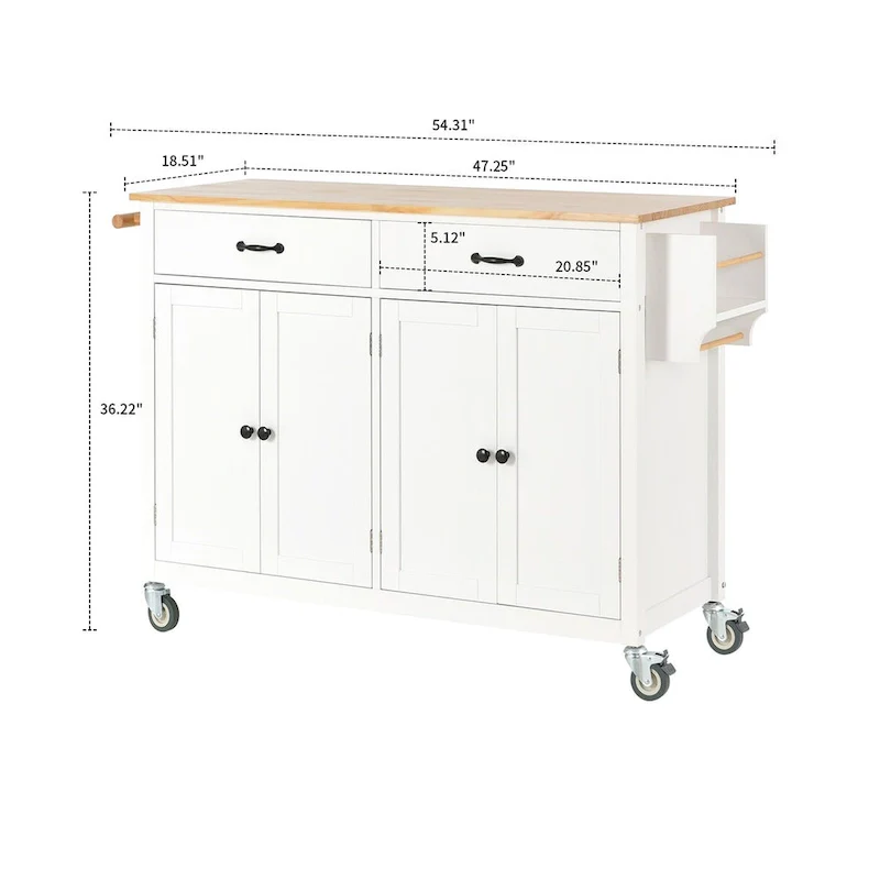 Classic Wooden Kitchen Island Cart with 2 Drawers, 2 Cabinets, a Towel Rack and a Spice Rack