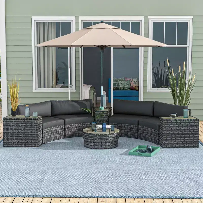 8 Piece Patio Furniture Set with 4 Rattan Sofa Chairs & 4 Tables with Storage & Umbrella Hole