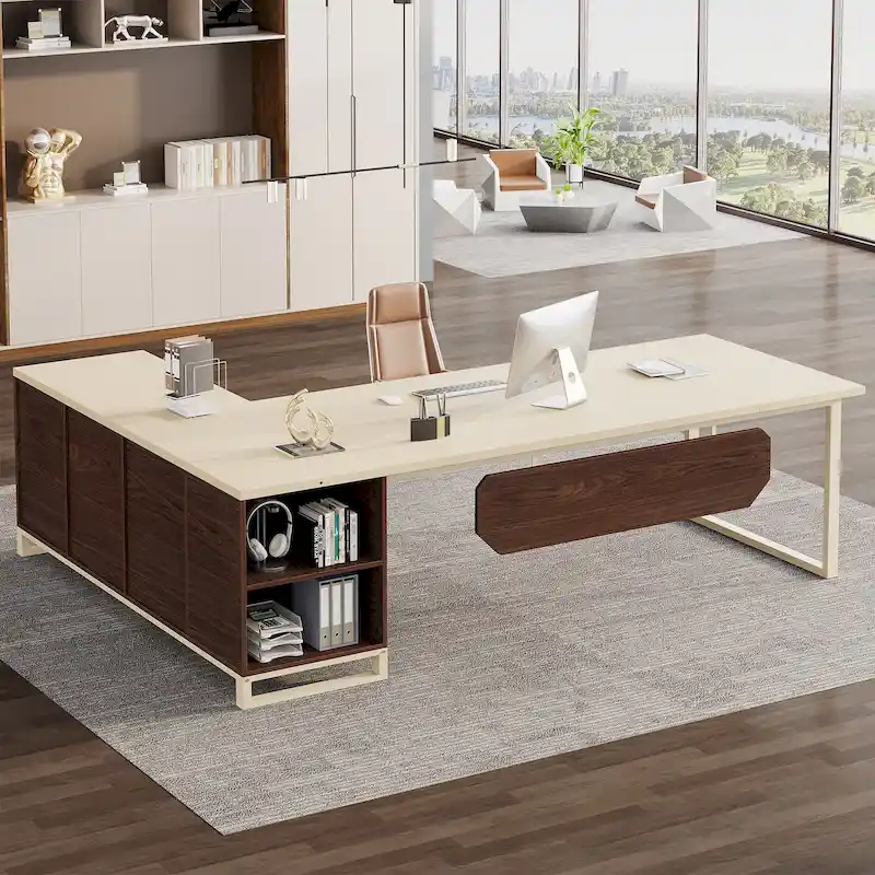 Walnut L-Shaped Executive Desk with File Cabinet