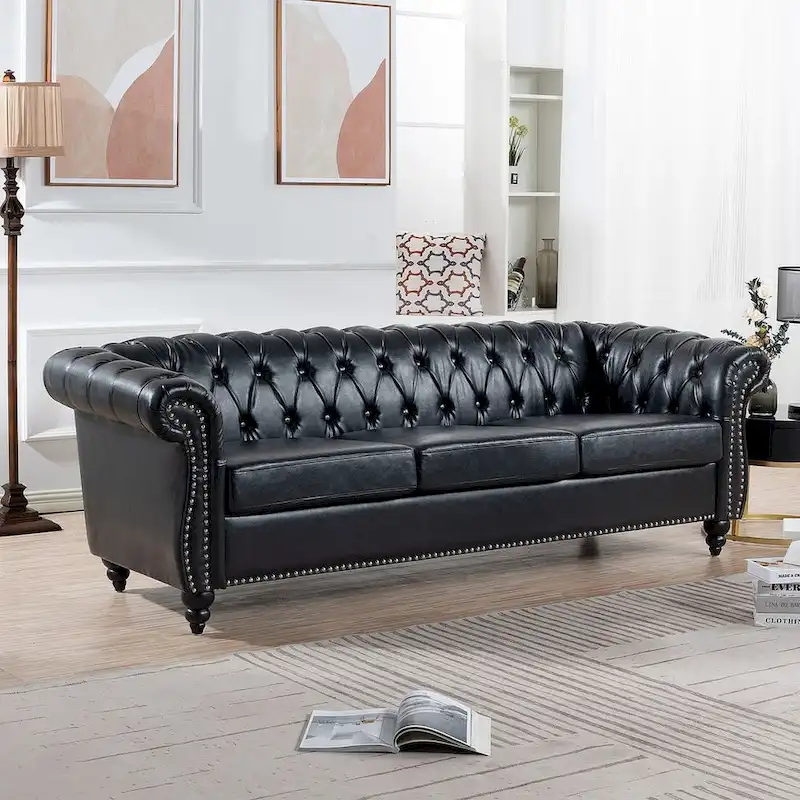 Tufted Sofa - Faux Leather, Rolled Arms Design, Seats 3