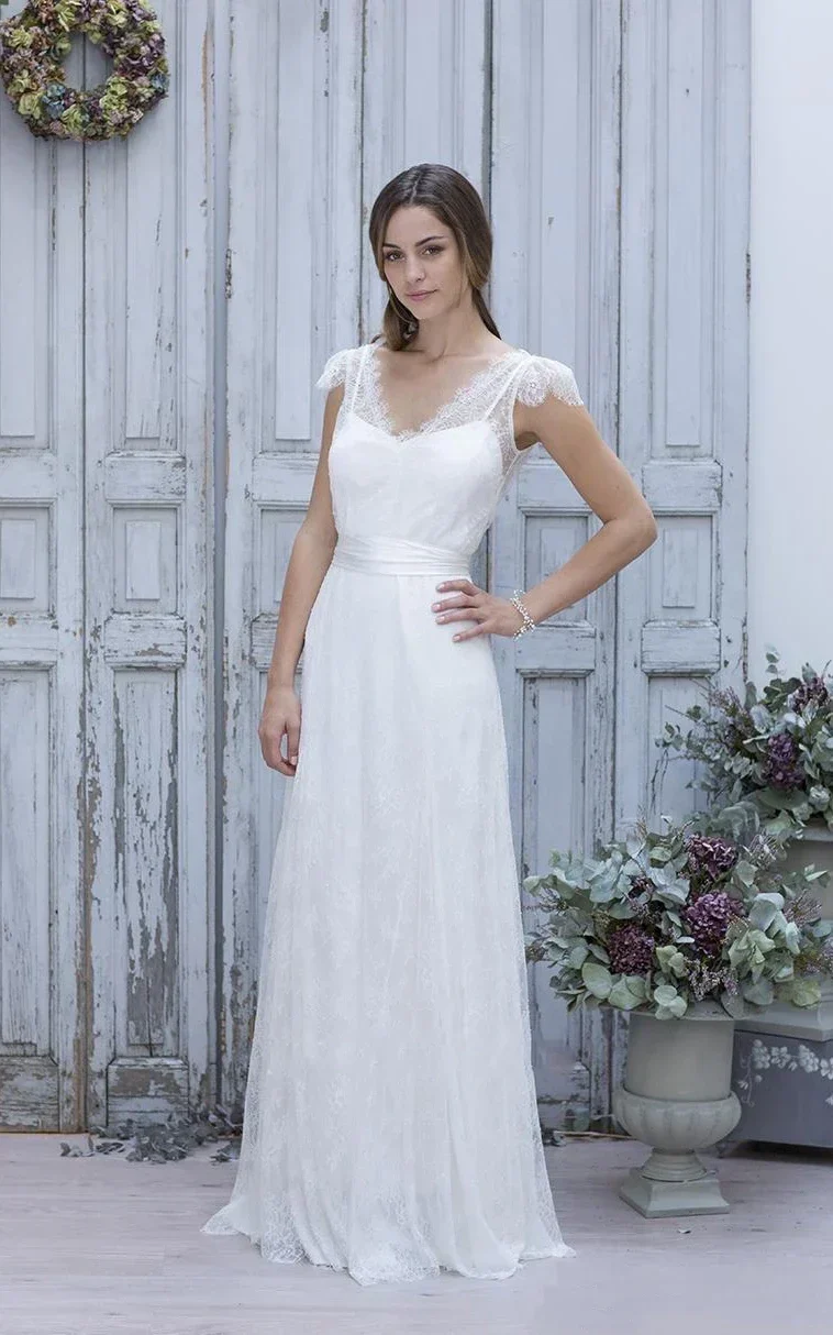 A-Line V-Neck Short Cap Sleeves Backless Tulle Lace Wedding Dress