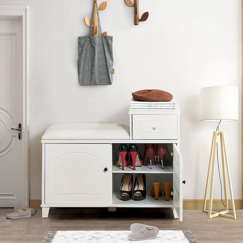 Shoe Storage Bench with PU Cushion and Movable Drawer