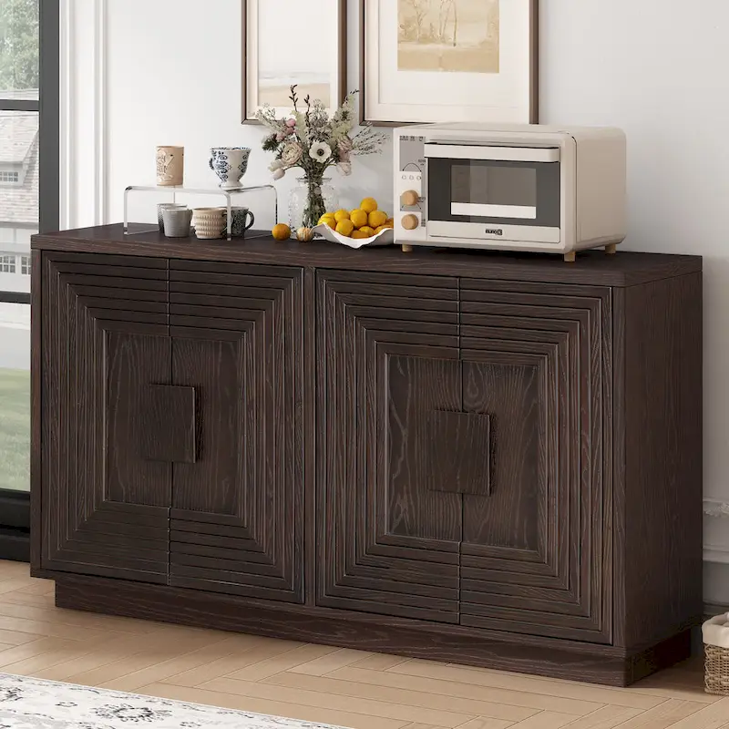 Navy Blue / Espresso / Antique White 4-Door Fluted Sideboard Cabinet