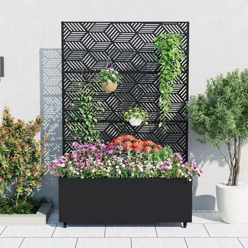 Large Metal Raised Garden Bed Planter Box with Trellis C Deep 15.7 Movable Outdoor Flower Box, Privacy Screen, Drainage Holes