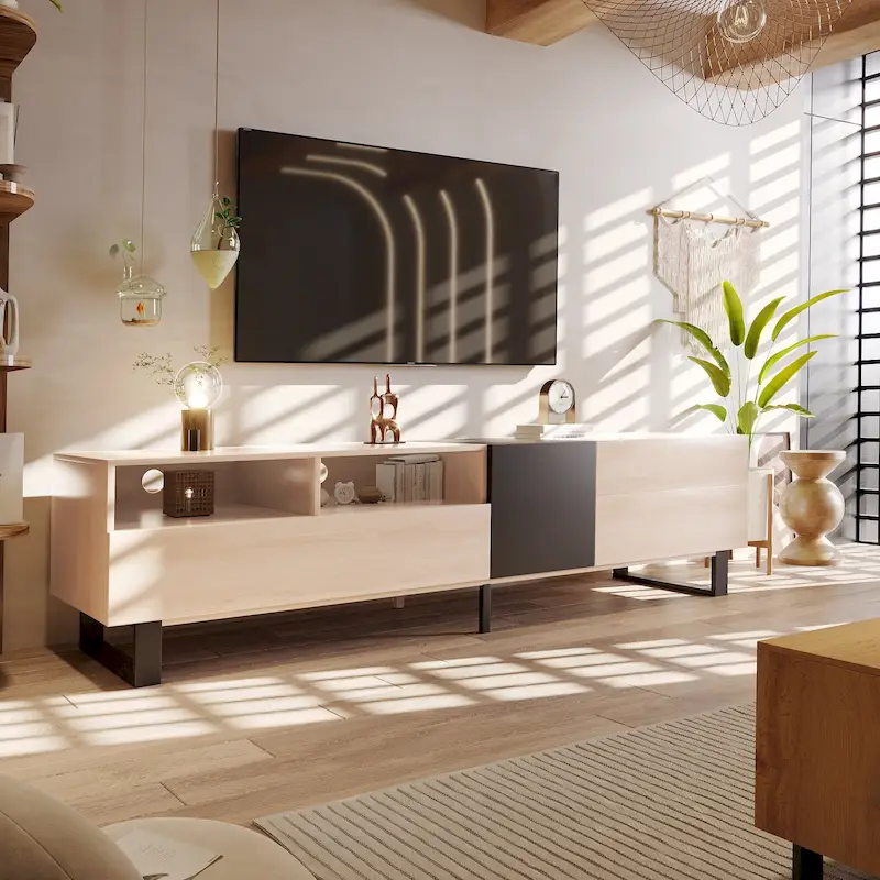 Natural+Black 70.9 TV Stand with Double Storage for 80 TVs