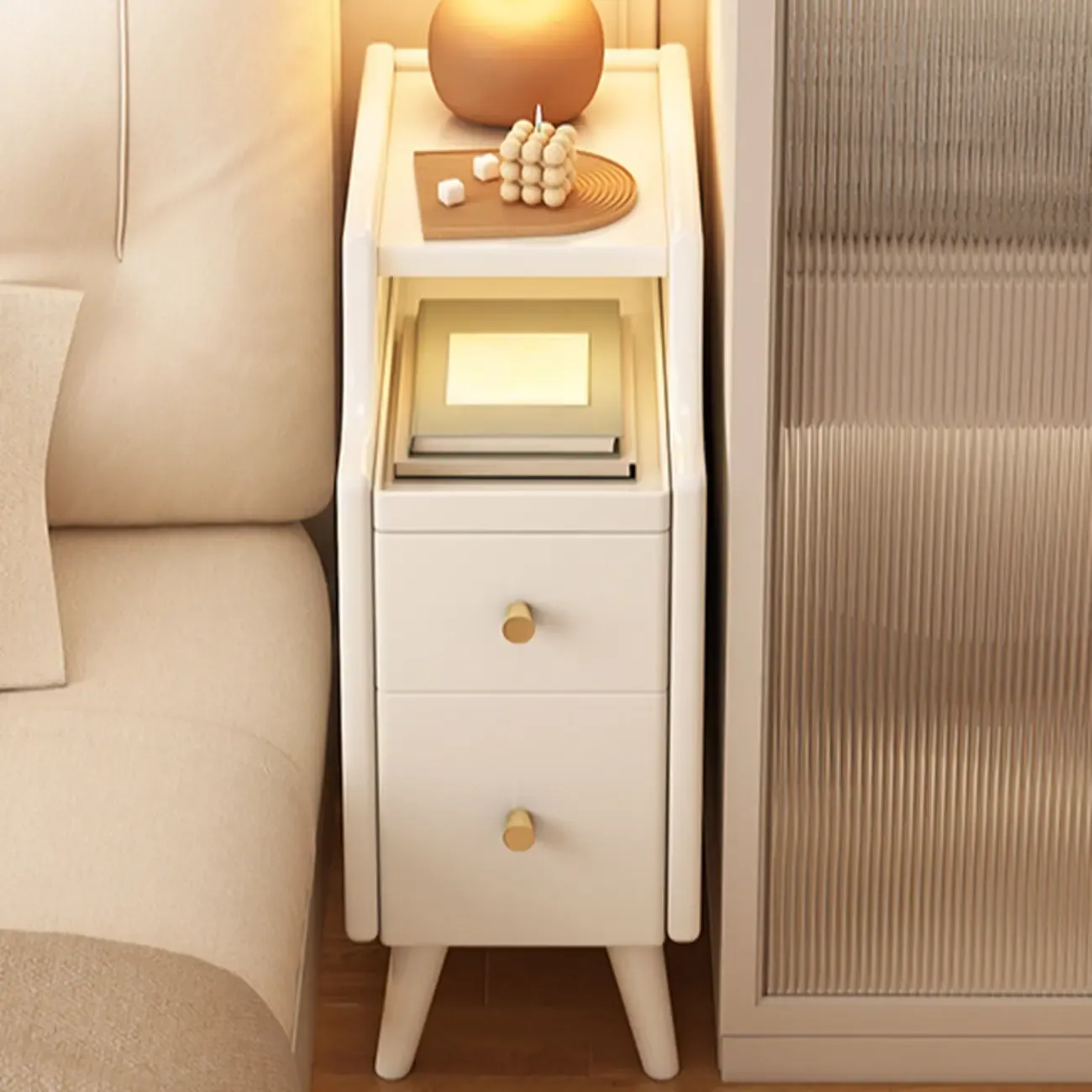 White Wood Narrow Nightstands with Drawers