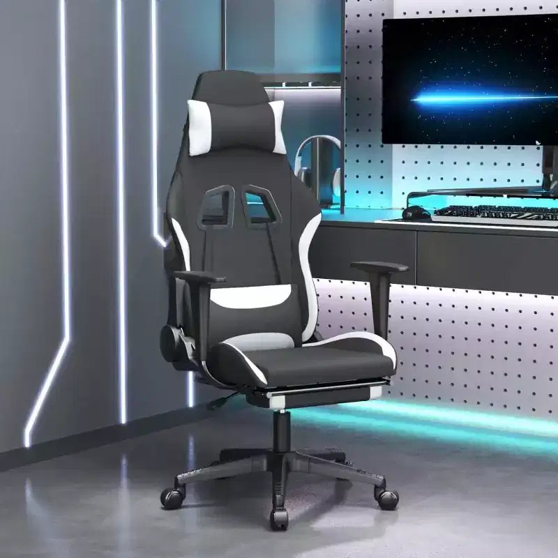 vidaXL - Adjustable Black and White Fabric Massage Gaming Chair with Footrest - Modern-Style Gaming Chair Ideal for Players