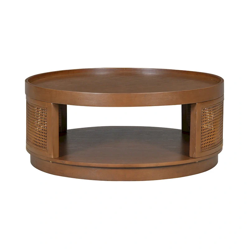 36.8 Wooden Mid-Century Modern Coffee Table, Round Cane Coffee Table with PE Rattan Side