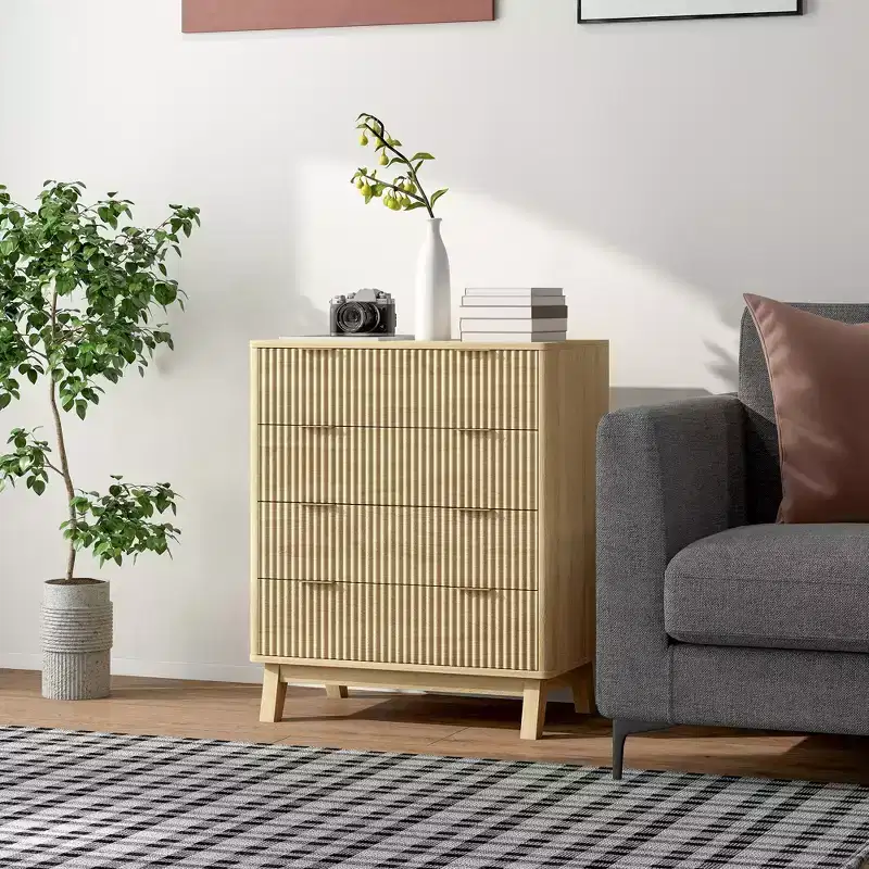HOMCOM Fluted Dresser for Bedroom with 4 Drawers, Chest of Drawers with Gold Finger Pulls and 4 Wood Legs