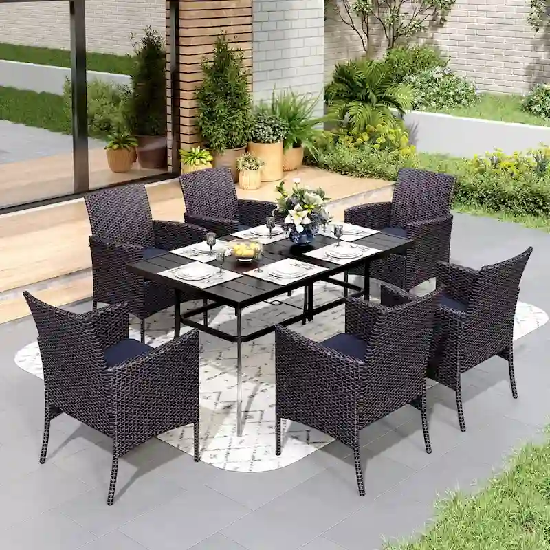 7 Pieces Outdoor Patio Dining Set, 6 PE Rattan Chairs with Cushions and 1 Rectangle Metal Table