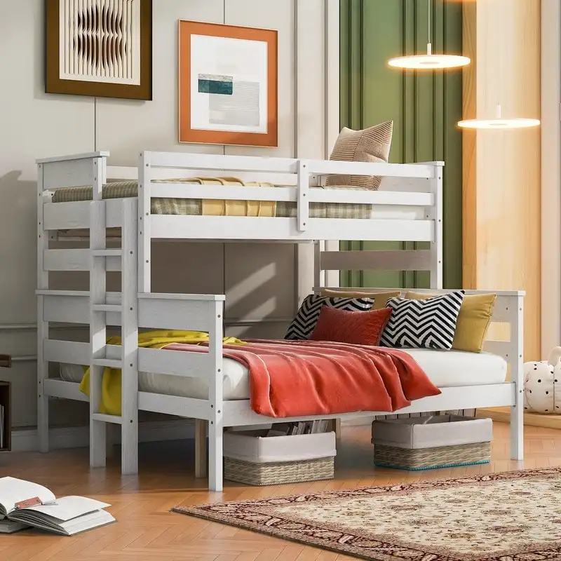 Gray / White Twin XL over Queen Bunk Bed with Ladder, 2-Person