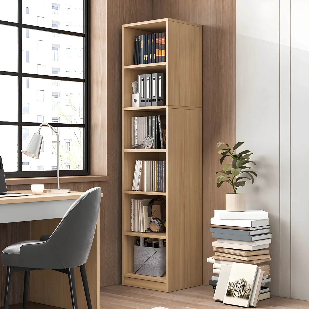 Narrow Tall Brown Wood 6-Shelf Closed Back Bookcase