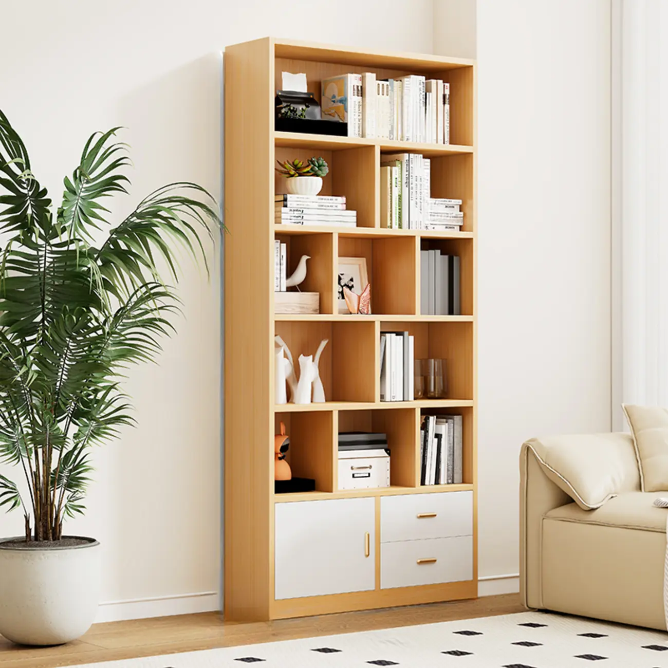 Natural Finish Narrow 6 Shelves Wooden Bookcase with Drawer