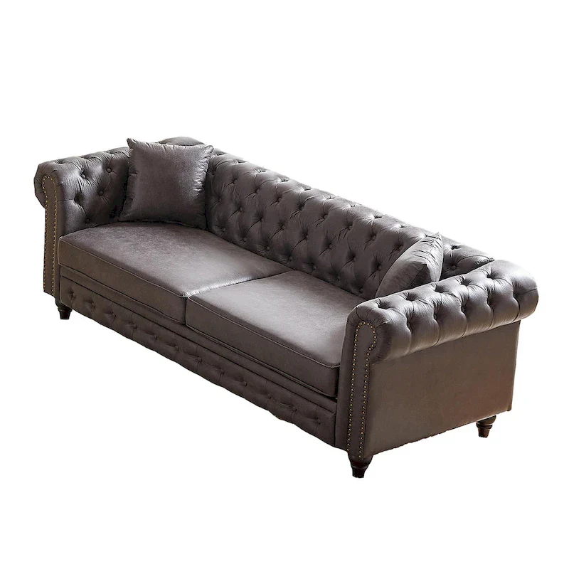 Gray Tufted Sofa with Rolled Arms - 3 Seater