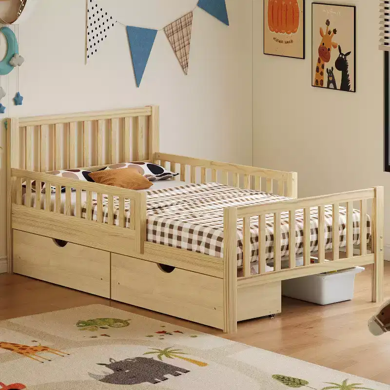 Twin Size Wood Platform Bed with Guardrails and 2 Storage Drawers, Natural