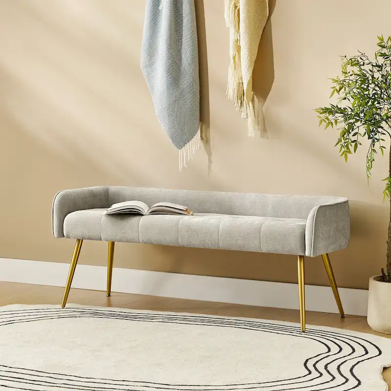 Luis Modern Upholstered Low Back Bench with Sturdy Golden Metal Tapered Leg by