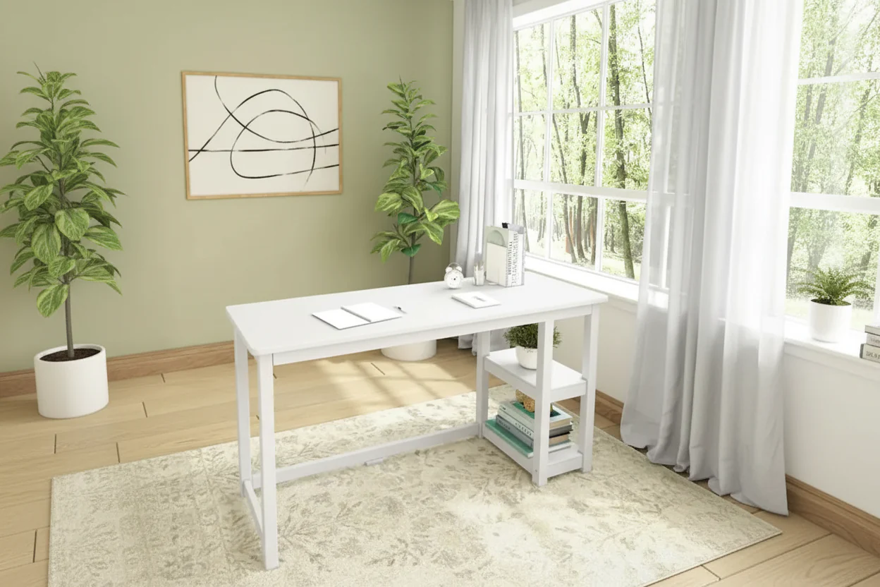 Wood Desk with 2 Bookshelves – White/Grey/Clay/Natural, Single-Person