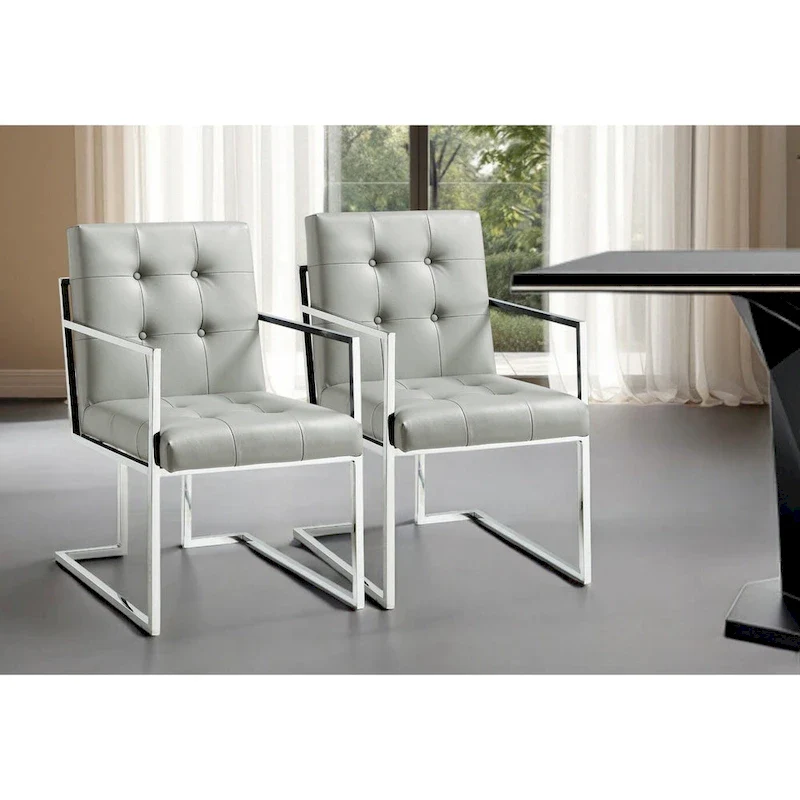HomeRoots Set of Two Tufted Light Gray and Silver Metallic Upholstered Faux Leather Dining Arm Chairs