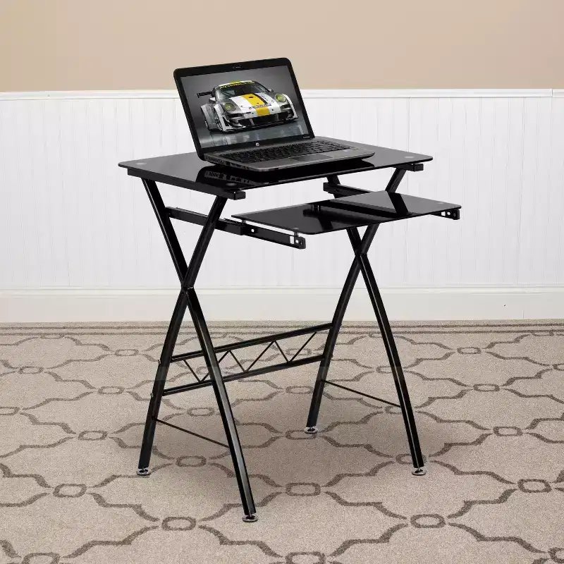 Emma and Oliver Black Tempered Glass Computer Desk with Pull-Out Keyboard Tray