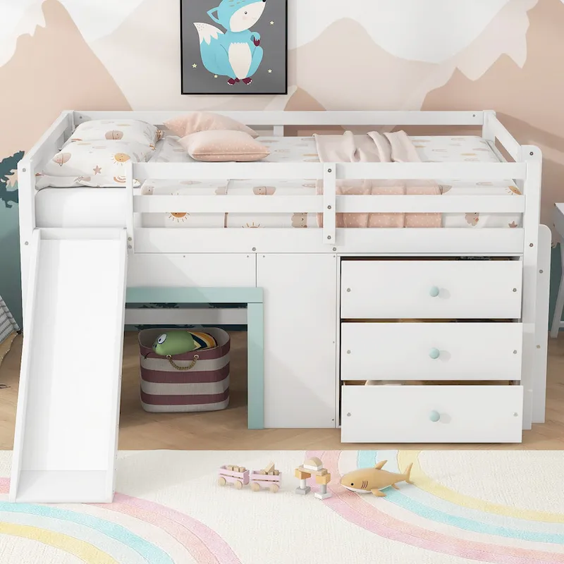 White Full Size Low Loft Bed with Slide, for 1 Child