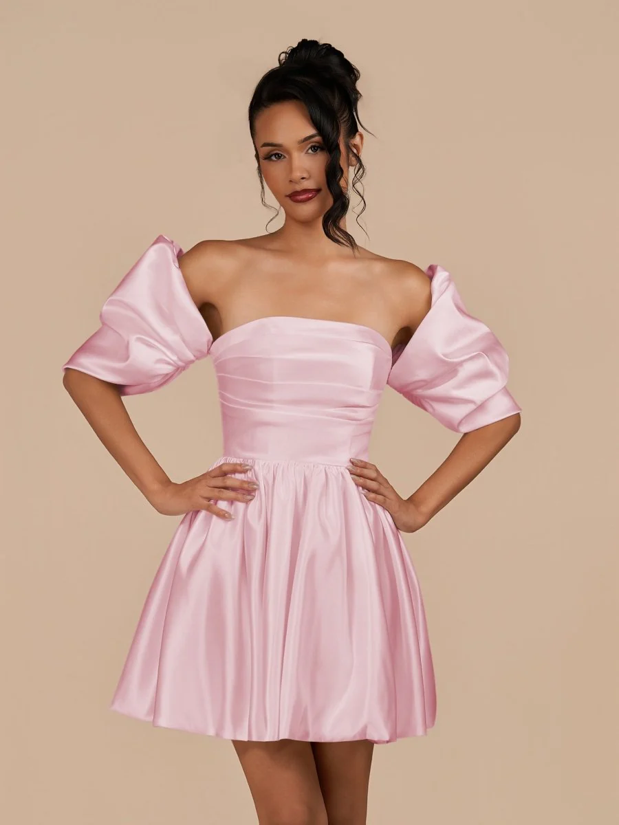 Pink - A Line Satin Strapless Puffed Sleeves Short Homecoming Dresses