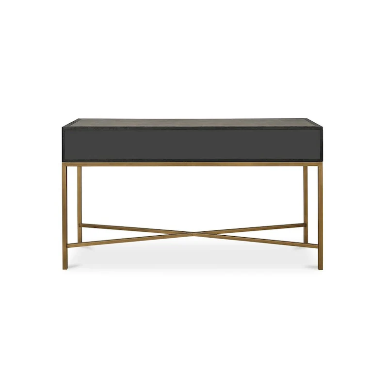 Macari Miki Art Deco Solid Wood AndVegan Leather Shagreen With Brass Accents Console Table - 59W x 16D x 32.3H