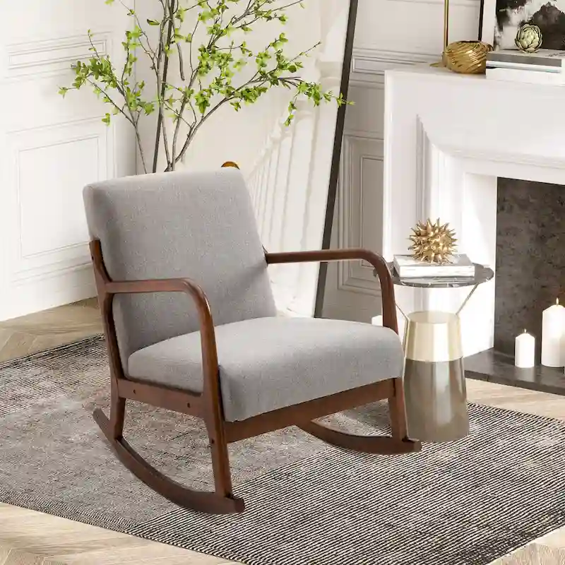 Grey Modern 25.3 High Back Rocking Chair with Solid Wood Base