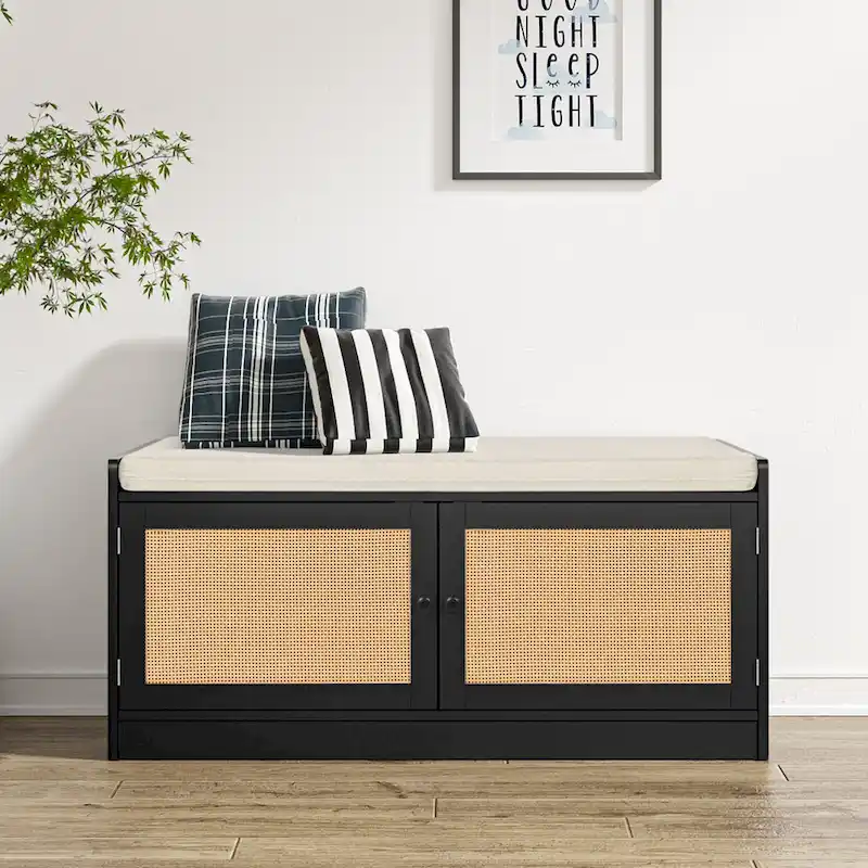 Modern Wood Rattan Shoe Storage Bench with Cushion and Adjustable Shelves for Entryway - 39.8 W x 15.7 D x 18.1 H