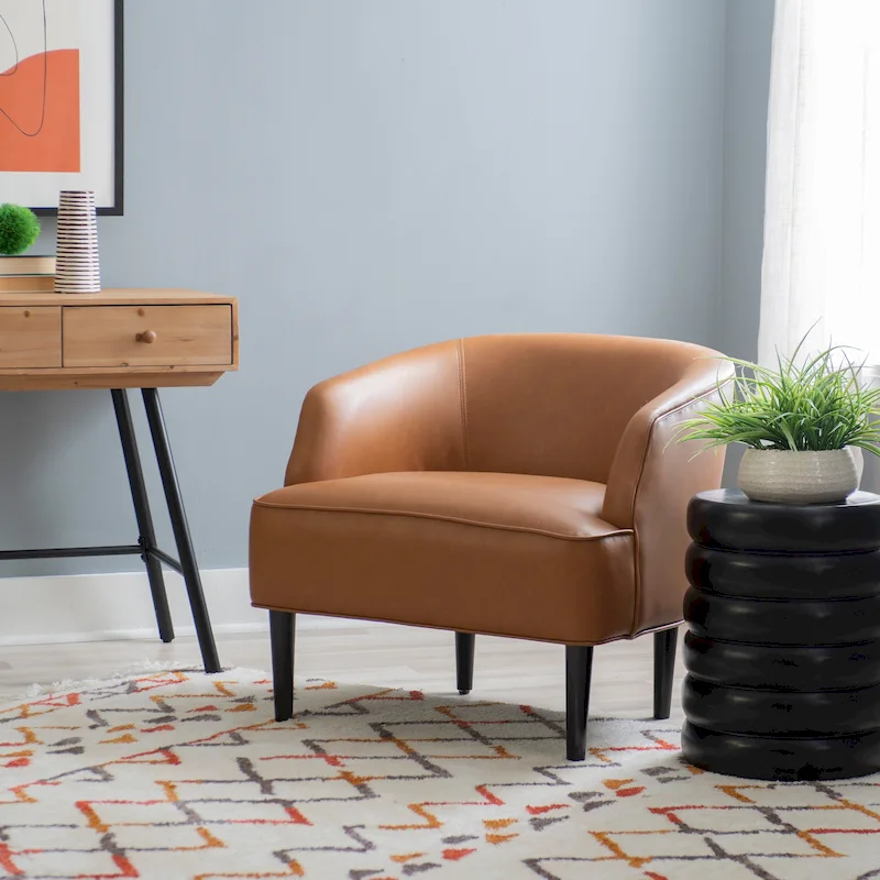 Caramel/Navy Blue Mid-Century Faux Leather Accent Chair, 1-Person