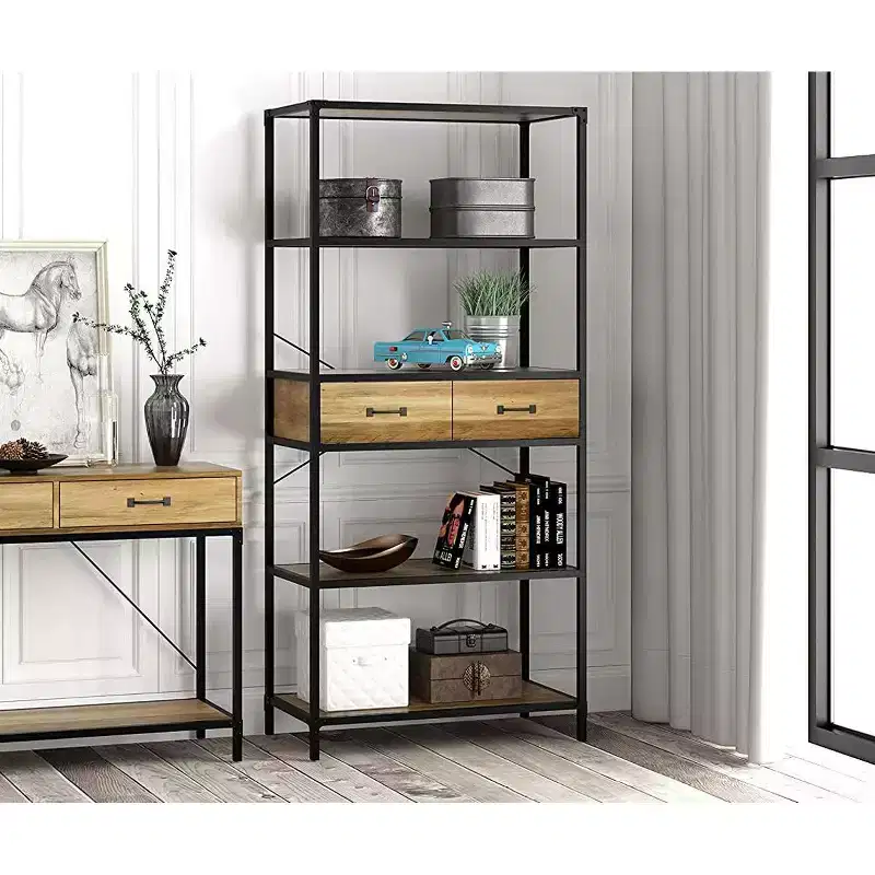 eHemco 5 Tier Rustic Design Bookcase with 2 Drawers, 68.5 Inches, Black Base