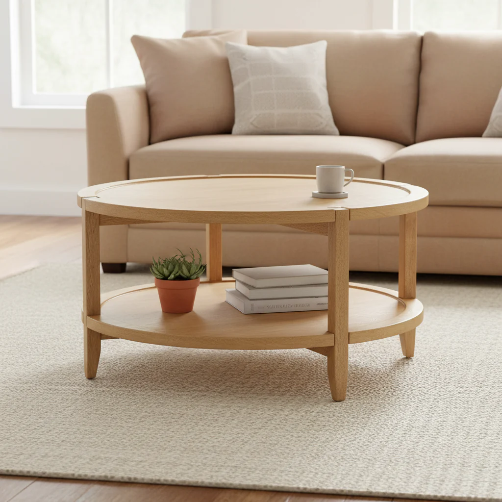 Coffee Table, 1 Shelf, Round Maple Brown Solid Wood, 36 Inch