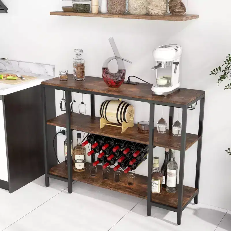 Costway Wine Cabinet Bar Table Rack Table for Drinks Glasses with Power Outlets Brown/Grey