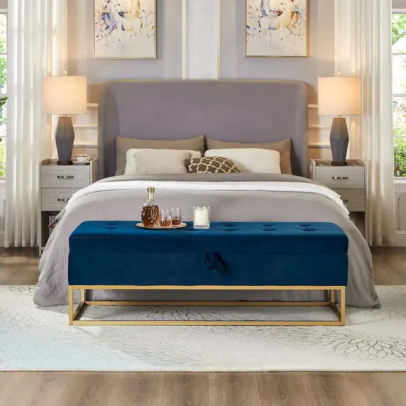 GDFStudio - Charlotte Velvet Tufted Storage Bench with Metal Base