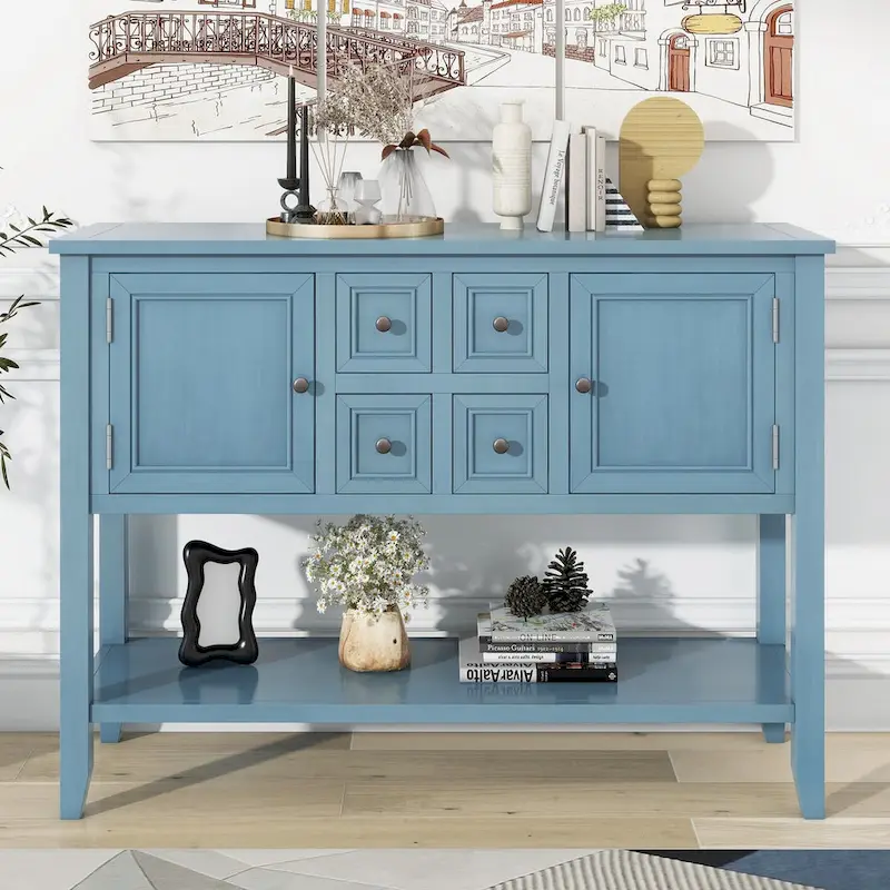 Blue Buffet Sideboard Console Table with Bottom Shelf
