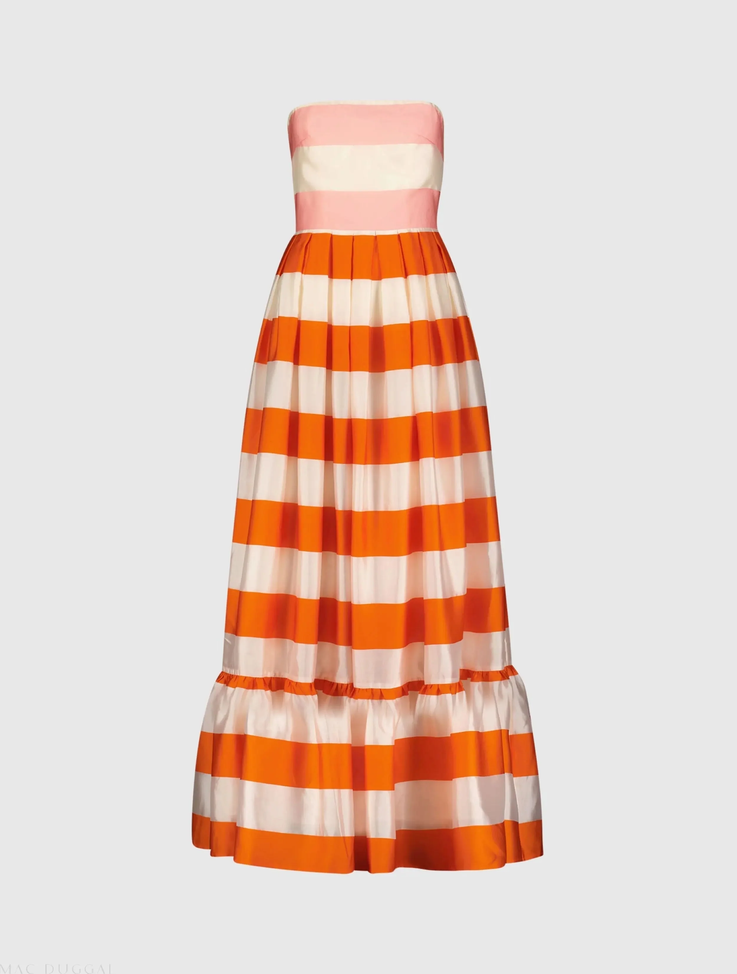 Multicolor Striped Organza Strapless Ruffle Maxi Dress