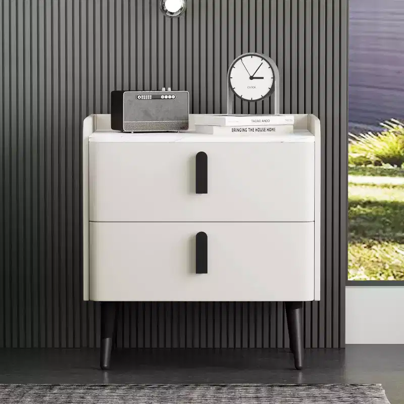 MAYEERTY Nightstand with 2 Drawers Marble Pattern Tablrtop for Bedroom White