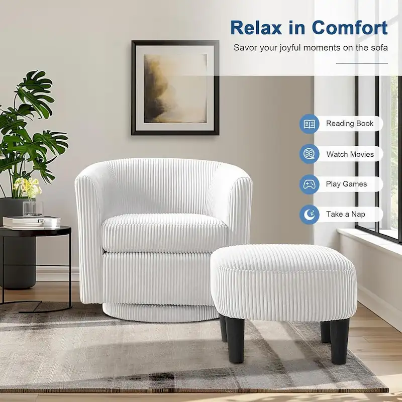 360 Swivel Accent Chair with Ottoman, Barrel Chair with Upholstered